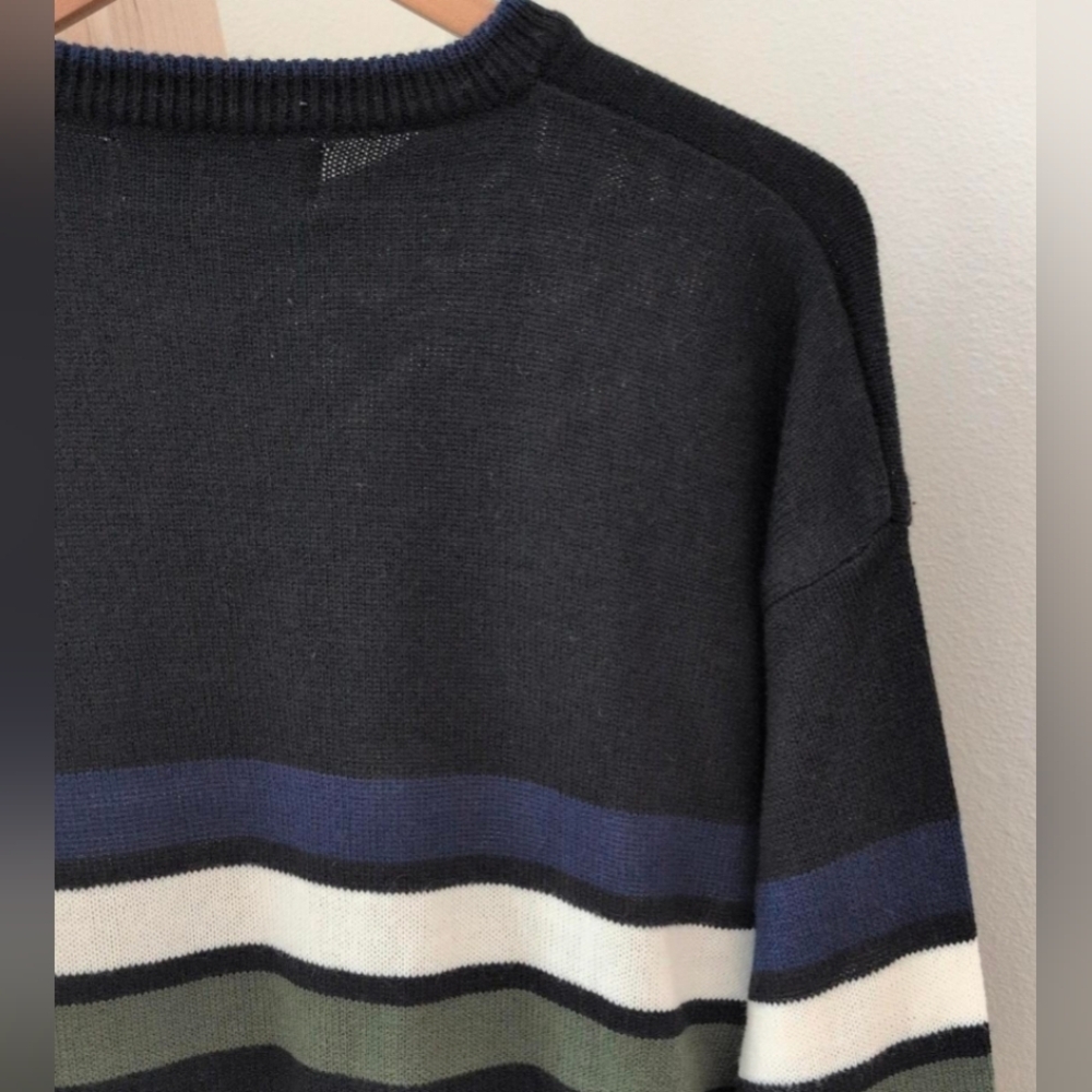 Vintage 90's Skater Striped Oversized Crewneck Sweater In Black/Navy/Green/White - Picture 9 of 9